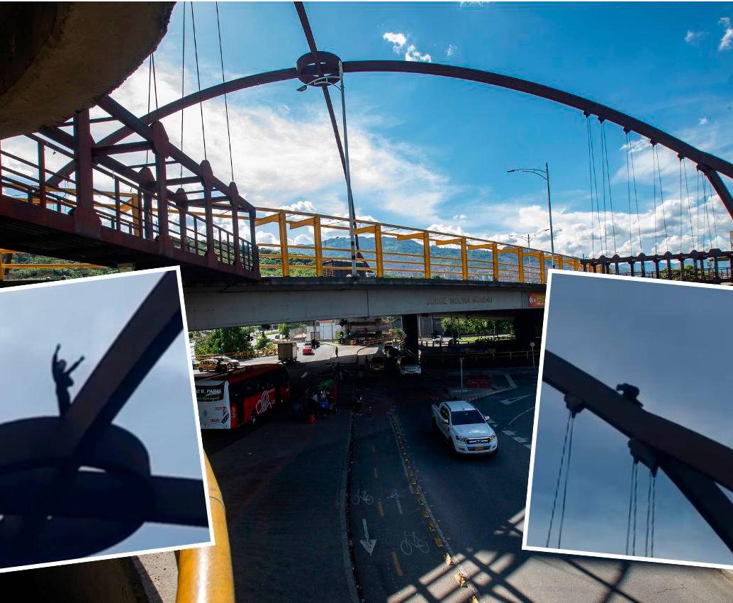 Este hombre, al parecer habitante de calle, se montó a la parte más alta de la estructura del puente y luego se bajó como si nada. Todo ante la mirada y el temor de los transeúntes. FOTOS: ESNEYDER GUTIÉRREZ Y CORTESÍA