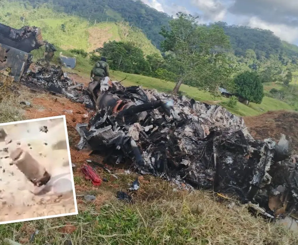 Un cilindro bomba (detalle), que había sido sembrado por los integrantes del frente 36 de las disidencias de las Farc, fue activado para provocar la explosión de la aeronave. FOTOS: <b>CORTESÍA Y TOMADA DE NOTICIAS CARACOL</b>
