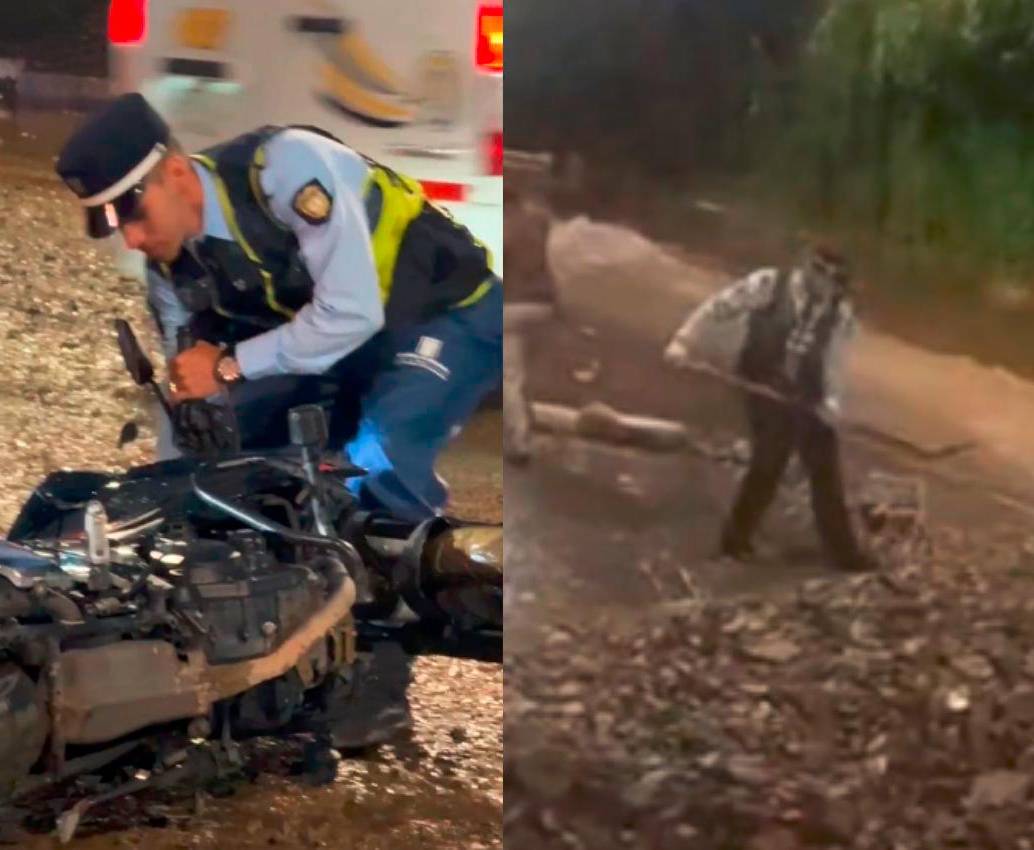 Dos agentes de la Secretaría de Movilidad de Medellín fueron captados realizaron apoyo a los conductores que se caían por el lodo o retirando los escombros para buscar la reapertura de la vía. FOTOS: CORTESÍA