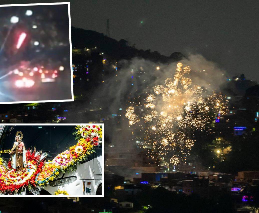 En el marco de las celebraciones de la Virgen del Carmen se presentaron lanzamientos de pólvora en la noche de este jueves, principalmente, en el sur del Valle de Aburrá. Uno de los hechos se presentó en una caravana de taxistas en la calle 30 con la avenida Industriales (detalle superior). FOTOS: EL COLOMBIANO Y CORTESÍA