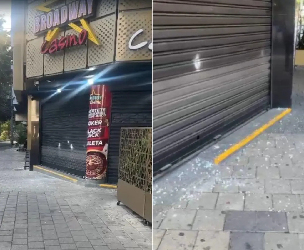 Así quedó el casino en su exterior luego del ataque con el elemento explosivo, aparentemente una granada, el cual fue lanzado desde una motocicleta. FOTOS: CORTESÍA