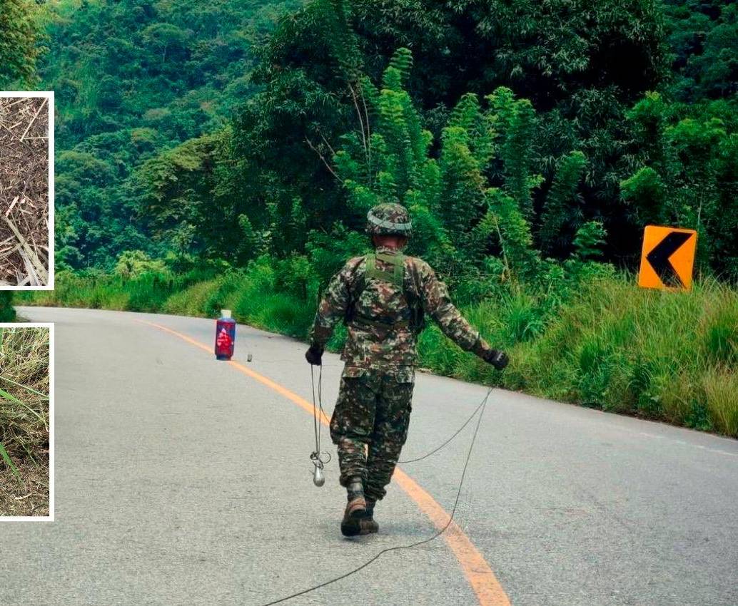 Mientras un grupo de soldados acudió a verificar el cilindro que dejaron en plena vía entre Llanos del Cuivá e Ituango, otros militares hicieron un rastreo a la zona, encontrándose con dos explosivos cercanos, los cuales fueron desactivados a tiempo. FOTO: Cortesía Ejército