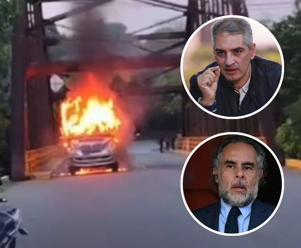 El gobernador de Antioquia, Andrés Julián Rendón (arriba), y el ministro del Interior, Armando Benedetti (abajo), se pusieron de acuerdo para levantar el paro minero en el Bajo Cauca, en medio de los desmanes que estos han generado, como la quema de dos camiones este lunes. FOTOS: CORTESÍA Y EL COLOMBIANO