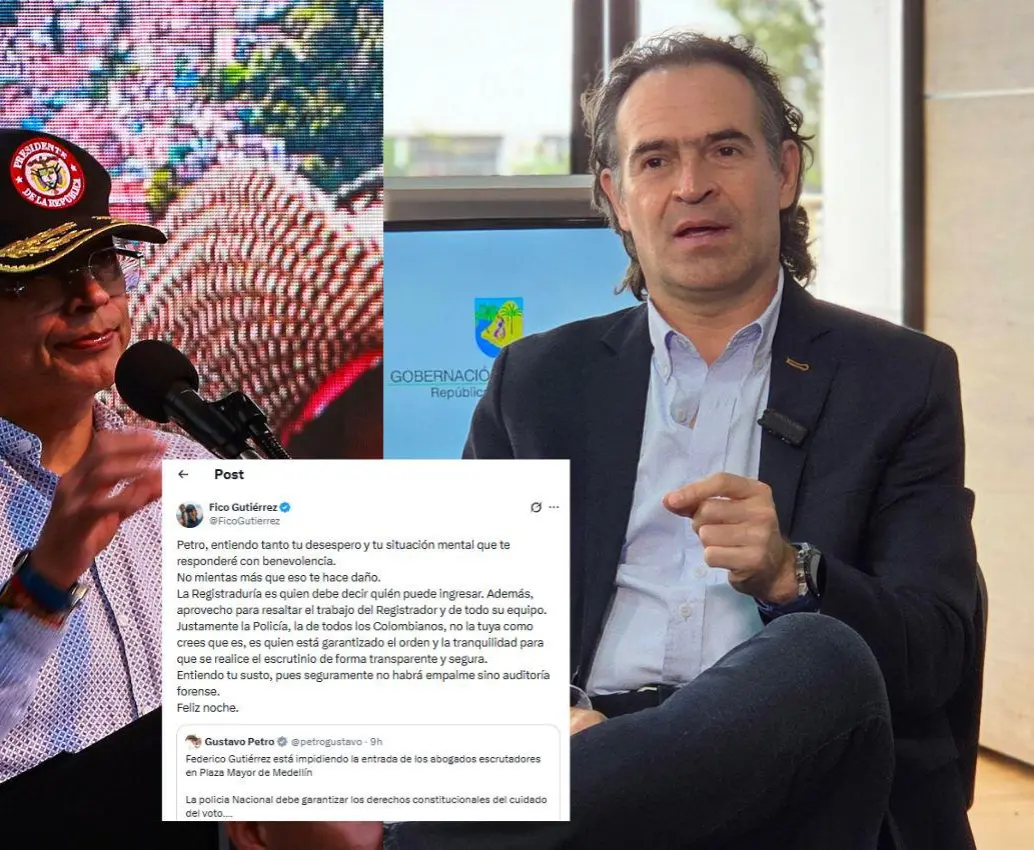 El presidente Gustavo Petro y el alcalde de Medellín, Federico Gutiérrez, tuvieron un nuevo cruce de palabras, esta vez por los temas del escrutinio y el ingreso de abogados a Plaza Mayor. FOTOS: EL COLOMBIANO