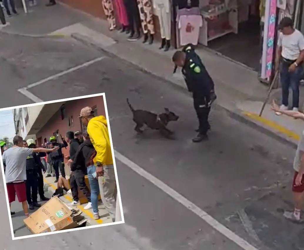 El accionar de este uniformado con el perro en la zona central de Rionegro provocó una asonada por parte de la comunidad indignada. FOTOS: CORTESÍA