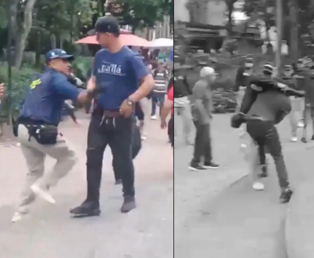 En un video, difundido en redes sociales, los grupos de gestores de convivencia de la Secretaría de Seguridad de Medellín fueron captados agrediendo a un ciudadano venezolano. Al parecer, los agredidos estarían cometiendo varias infracciones en el Parque Bolívar. FOTO: <b>TOMADA DE VIDEO</b>