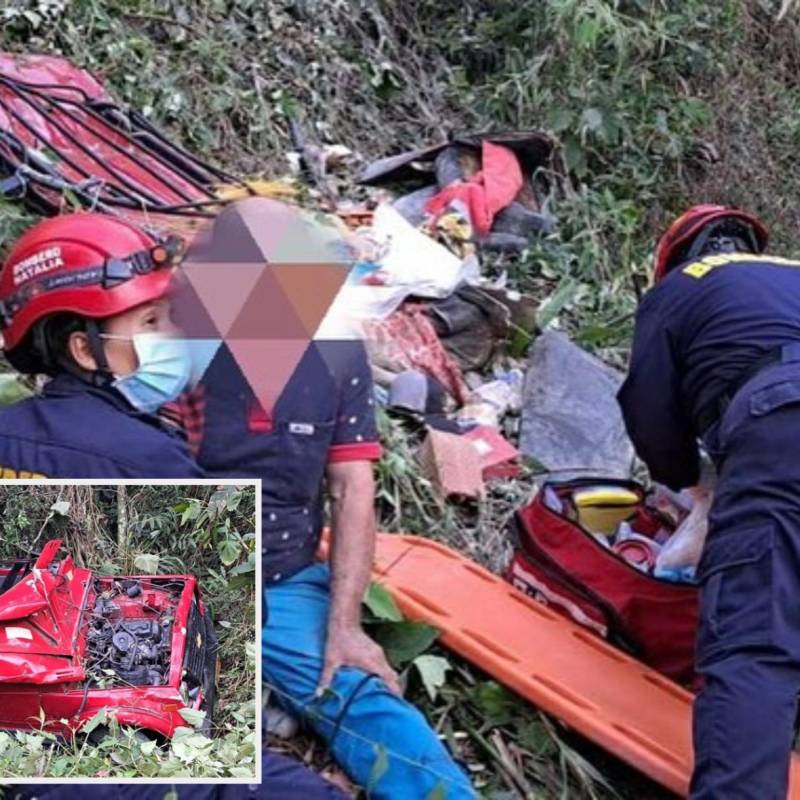 Bomberos de La Ceja rescatan a los heridos, abajo, así quedó el vehículo accidentado. FOTO: Cortesía