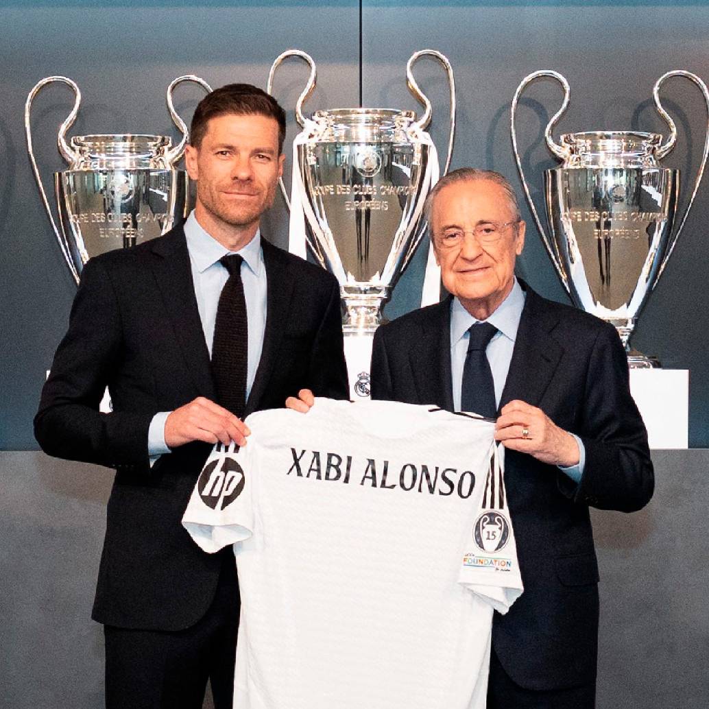 Xavi Alonso y el presidente del Real Madrid, Florentino Pérez. FOTO; Tomada de X Real Madrid