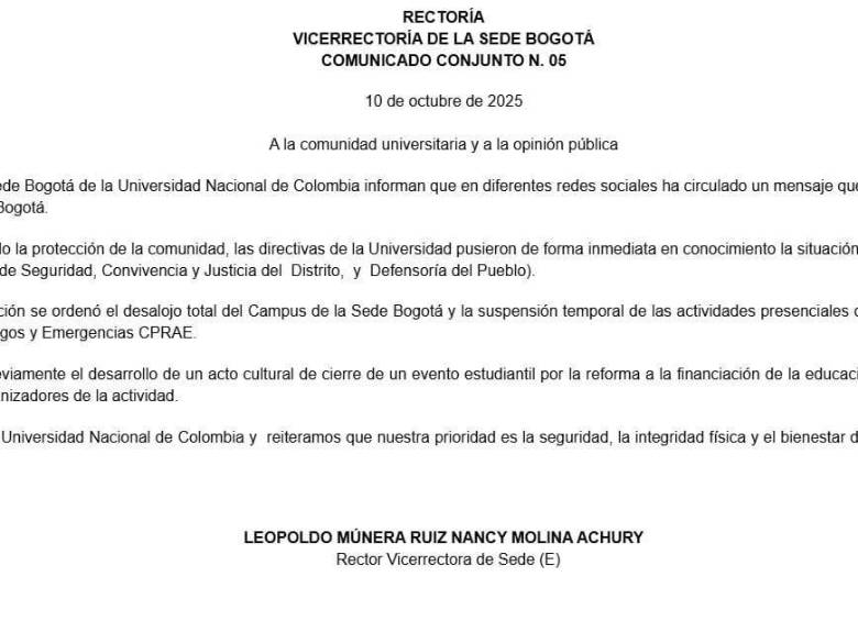 Ordenan evacuación de la Universidad Nacional de Bogotá por amenaza