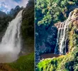 A la izquierda, se ve una imagen de la cascada Salto del Buey con un caudal normal. A la derecha, la cascada con su caudal disminuido, como se vio en los primeros días del mes de agosto. Fotos: Andrés Camilo Suáres Echeverri y tomada del Facebook Vereda El Guadual.