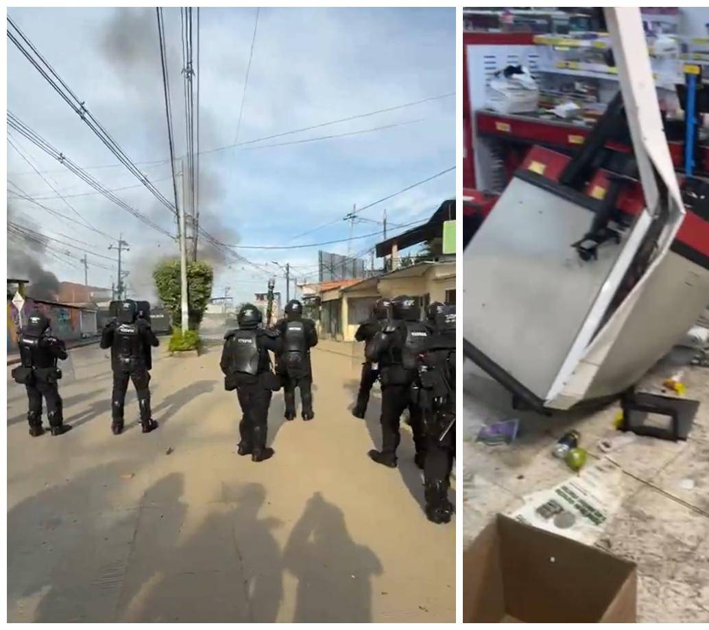 A la izquierda, la intervención de la Fuerza Pública en el Bagre ante los desmanes de las manifestaciones; a la derecha, un supermercado saqueado en Caucasia. IMÁGENES TOMADAS DE REDES SOCIALES.