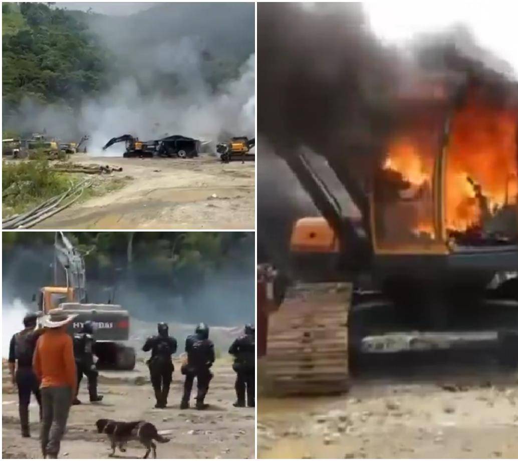 En el operativo, la Fuerza Pública destruyó e inutilizó 14 retroexcavadores. FOTO: Cortesía MinDefensa
