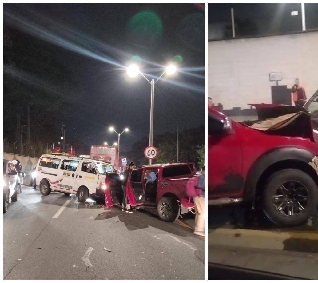 Así quedaron dos camionetas tras el fuerte choque de esta mañana en la Regional Oriental de Bello. FOTOS Denuncias Antioquia.