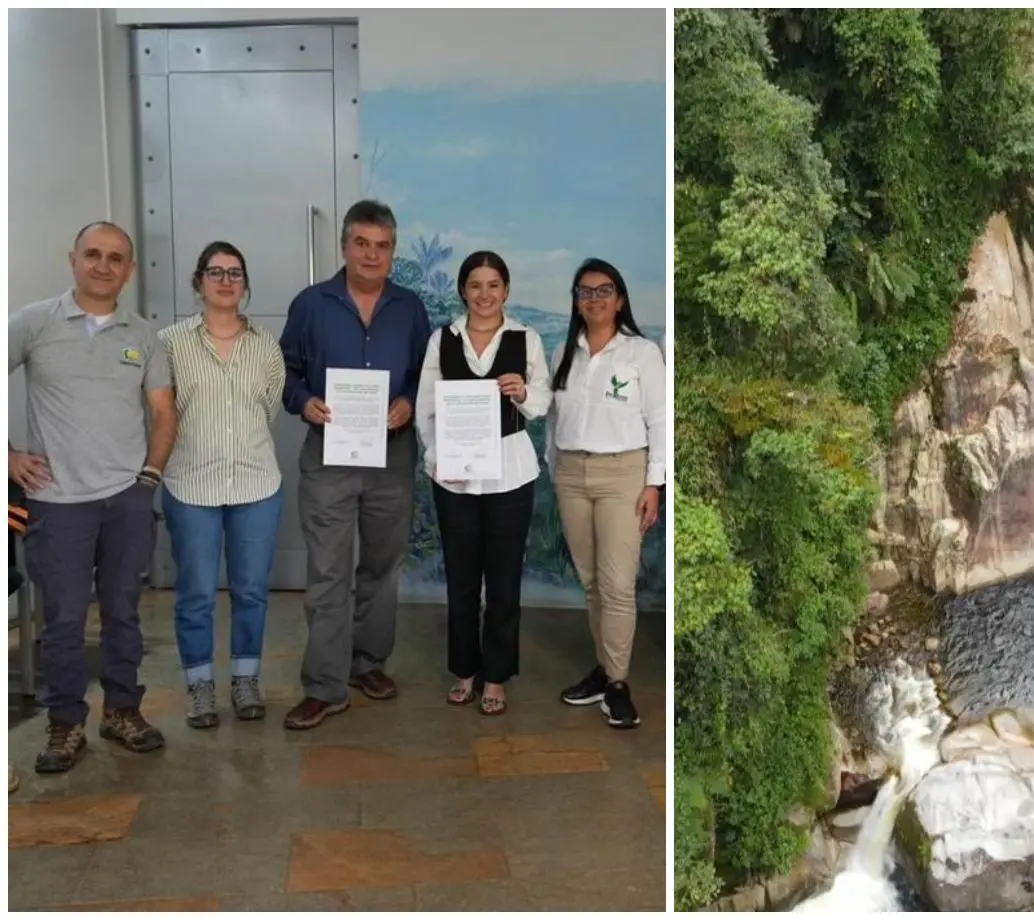 A la izquierda, la foto del acuerdo entre Corantioquia y la organización Nature and Culture International; a la derecha, una imagen de una de las microcuencas de los Farallones del Citará. FOTOS Corantioquia.