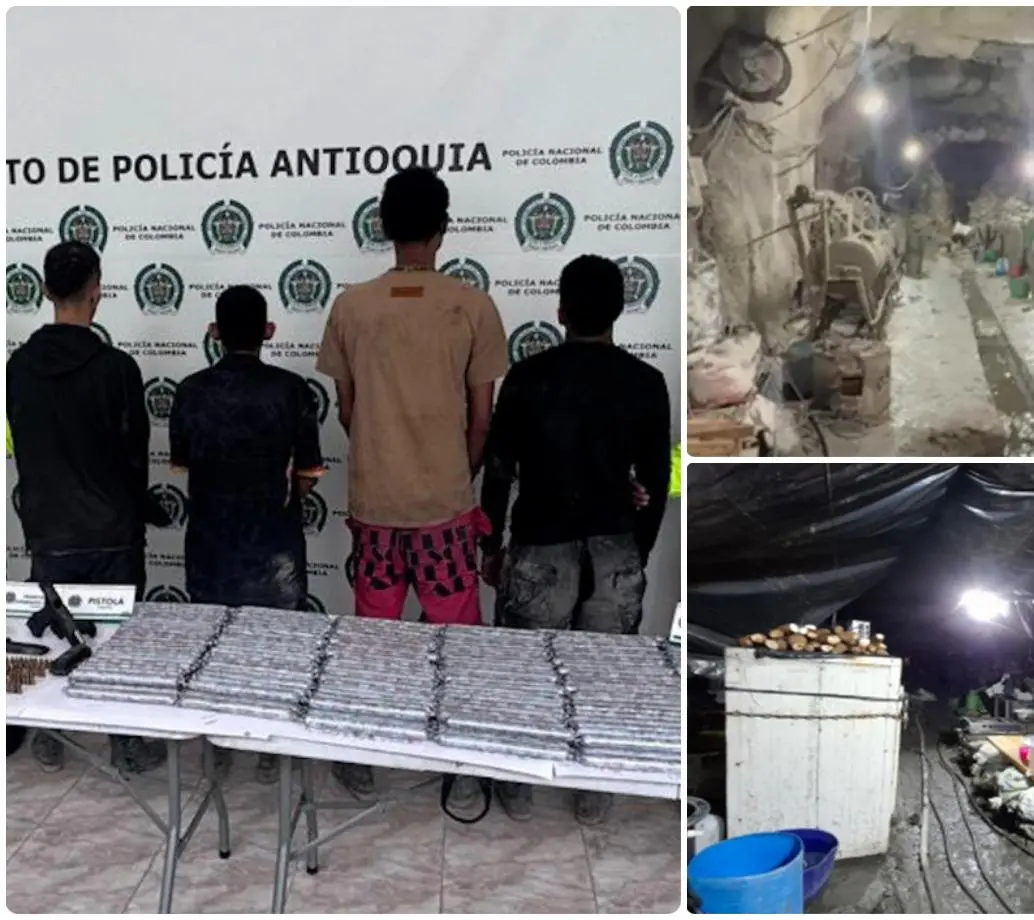 Los cuatro capturados son señalados de trabajar como guardias y escoltas armados en los túneles invadidos de la mina de Zijin en Buriticá. FOTOS: Cortesía Policía y Fiscalía