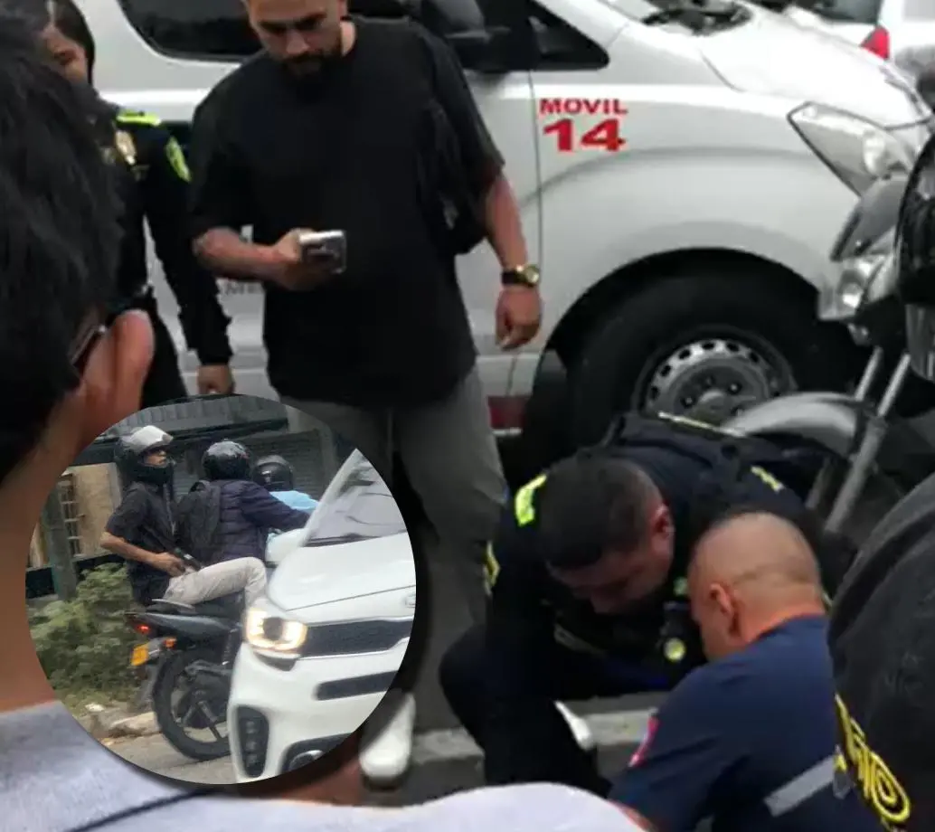 En la imagen principal, el fletero herido recibiendo atención pre hospitalaria. En el detalle, los presuntos cómplices quienes huyeron del sitio en otra motocicleta. FOTOS CORTESÍA.