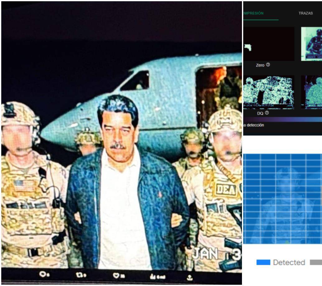 La imagen en la que se aprecia a Nicolás Maduro siendo conducido por militares estadounidenses fue generada con IA de Google. FOTO: Cortesía