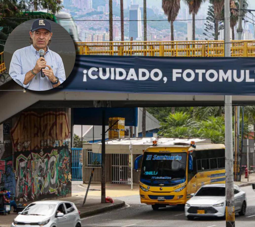 Desde que los sistemas de fotodetección están a cargo de la Alcaldía de Medellín, se pusieron pasacalles, como los de la foto, para alertar a los conductores cada vez que se acercan a una cámara de fotomulta. FOTOS Manuel Saldarriaga. 