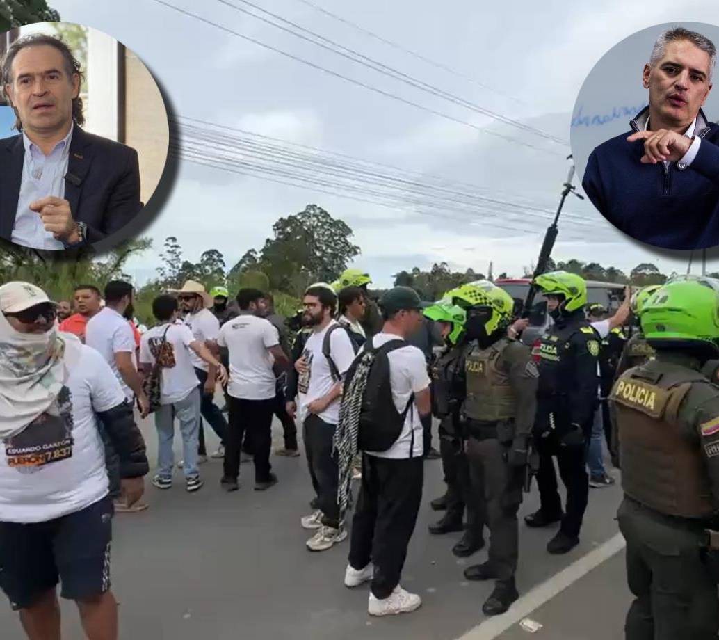 El altercado se habría originado por un mural que varias personas hicieron al frente de la propiedad del expresidente, alusiva a los falsos positivos. Imágenes tomadas de redes sociales y de EL COLOMBIANO. 
