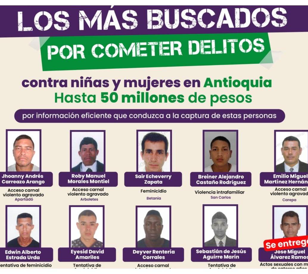 Algunos de los rostros más buscados en el departamento tras cometer delitos contra niñas y mujeres. FOTO: Cortesía Gobernación de Antioquia 