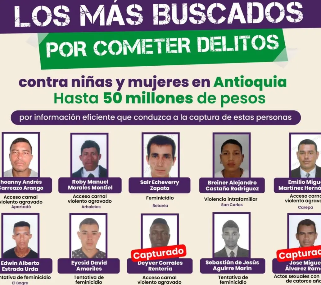 Estos son algunos de los más buscados y otros que ya han sido capturados por los delitos de este tipo en Antioquia. FOTO Gobernación de Antioquia. 