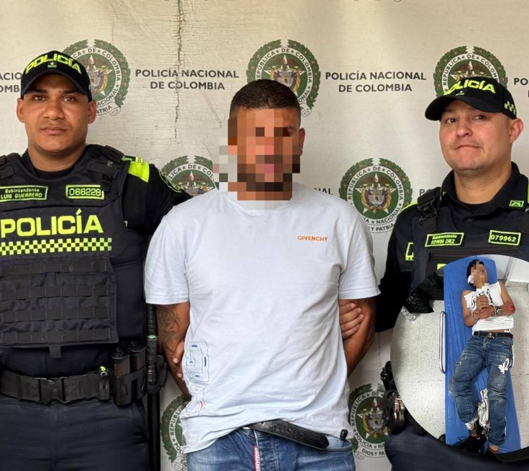 Los dos capturados tras la persecución en Medellín. Uno de ellos quedó lesionado por la caída en la moto. FOTOS Alcaldía de Medellín. 