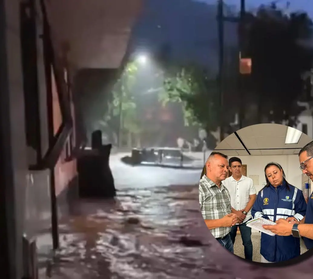 En la imagen principal, las inundaciones registradas en Caracolí. En la miniatura, los organismos de socorro reunidos tras las emergencias reportadas. FOTOS REDES SOCIALES Y DAGRAN.