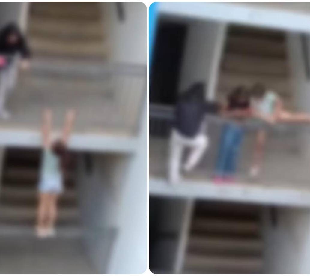 El peligroso juego de las niñas en un edificio de la Ciudadela Nuevo Occidente quedó captado en video. FOTO: Cortesía Denuncias Antioquia