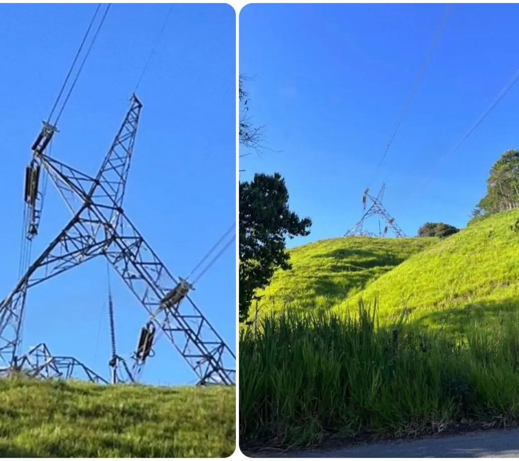 Así quedó una de las torres de energía afectadas por el atentado atribuido por las autoridades a las Disidencias de las Farc en Yolombó, Antioquia. FOTO: Cortesía