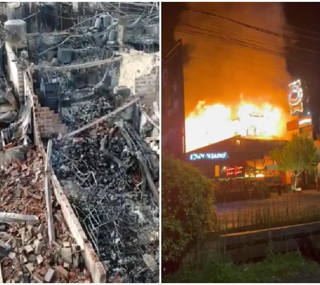 A la izquierda, aspecto de la fábrica destruida en La Estrella; a la izquierda, emergencia en Llanogrande. FOTOS: Cortesía Alcaldía de La Estrella y Denuncias Antioquia