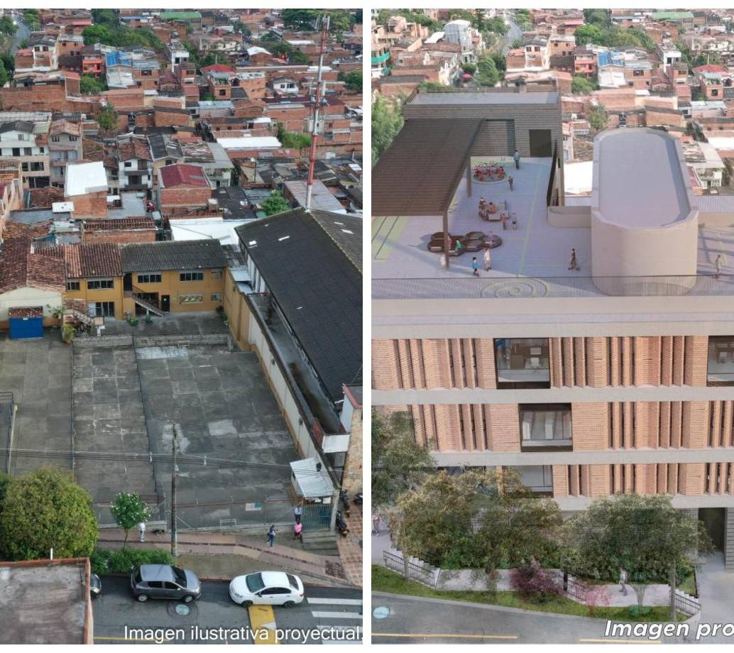 El cómo está y cómo quedaría el nuevo megacolegio adjudicado en la capital antioqueña. FOTO Cortesía Alcaldía de Medellín. 