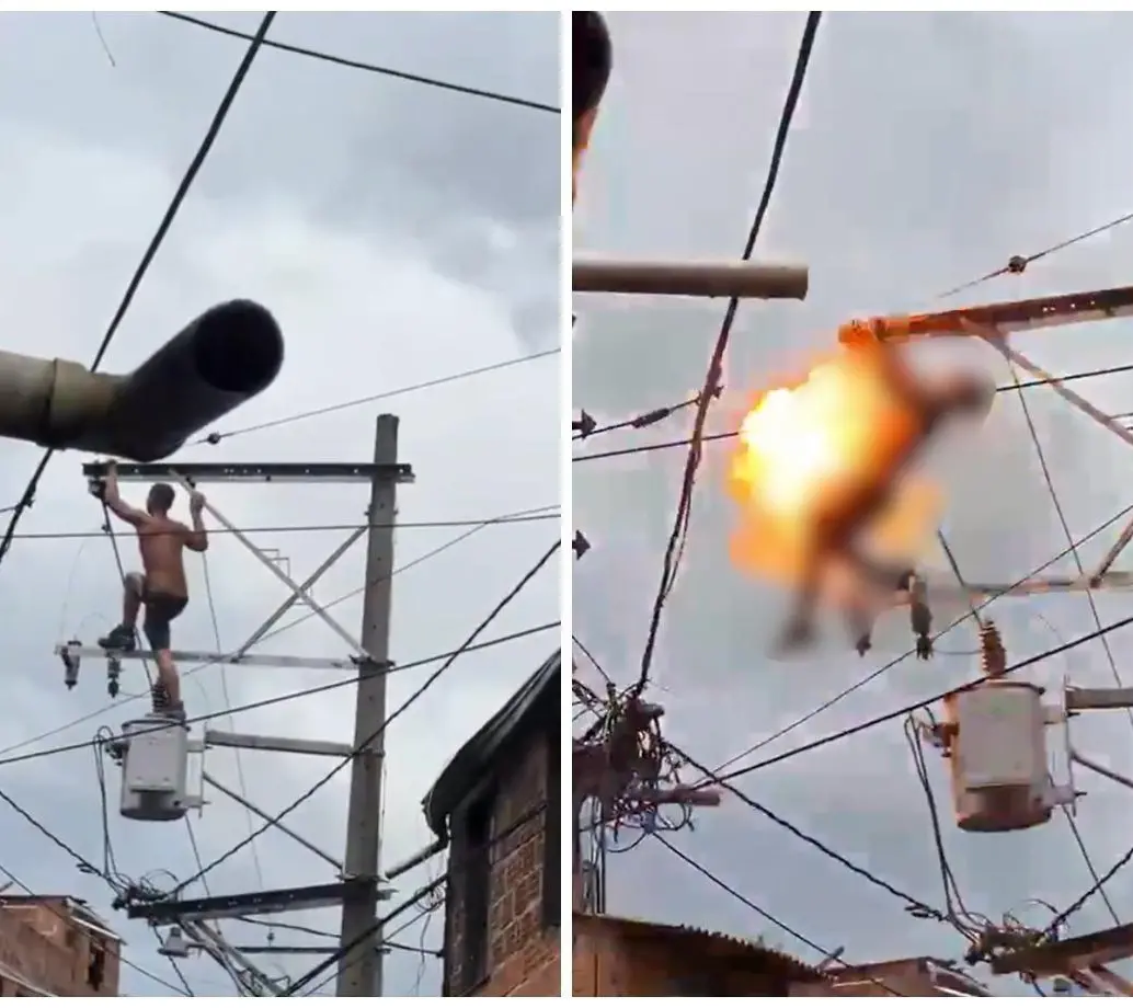 Momento exacto en el que el hombre recibe la descarga eléctrica al estar trepado en un poste. Imágenes tomadas de video de redes sociales.