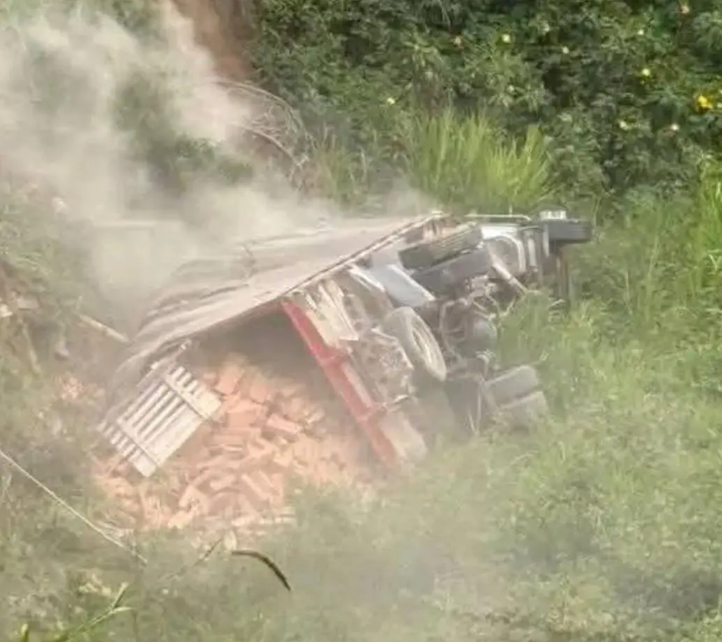 Así quedó el camión, en medio de la maleza y con el material disperso por completo. FOTO Cortesía.