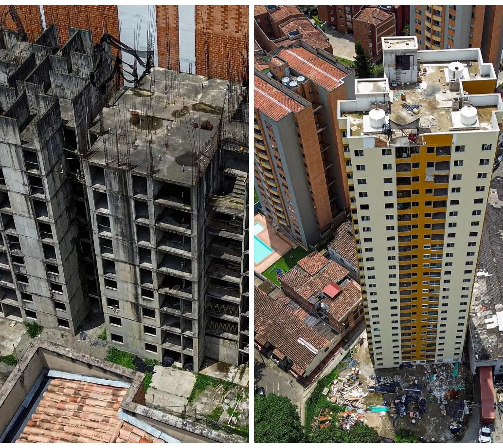 La foto de la izquierda corresponde a las dos torres de Santa Ana, que tienen un avance de obra del 36%; en la imagen de la derecha el edificio San Joaquín, el cual, según el Fovis, se entregaría a finales de marzo de este año. FOTOS Manuel Saldarriaga.