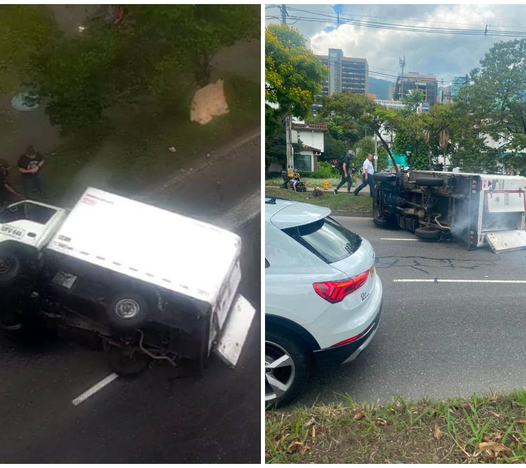 Así quedó el camión volcado en la avenida Regional. FOTOS Denuncias Antioquia. 