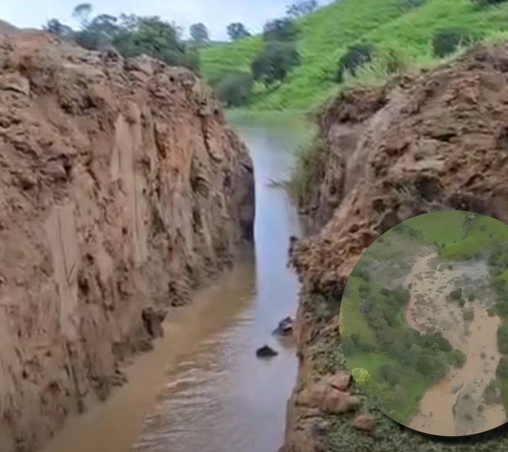 En la imagen principal, el drenaje controlado del agua de la represa; en la miniatura, una toma aérea del agua que estaba acumulada. FOTOS Facebook Alcaldía de Yolombó.