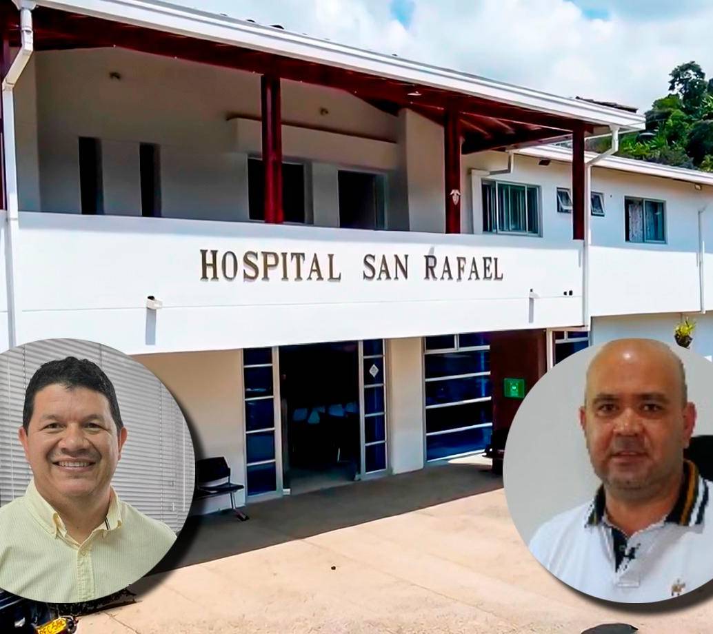 El hospital San Rafael, de Andes, está en una situación financiera difícil a la que se une el problema jurídico originado desde que el alcalde, Germán Vélez, le aceptó la renuncia al director Luis Fabián Otero (der.). FOTOS: Tomadas de redes sociales y captura de video