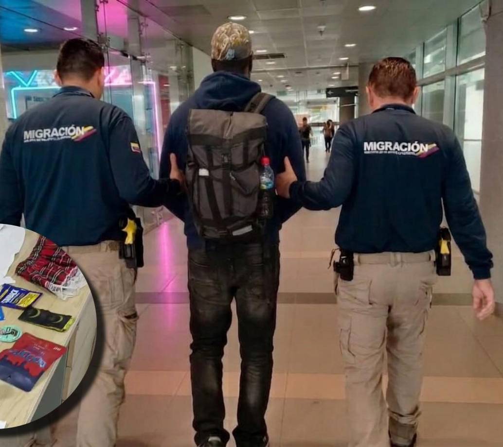 En la imagen principal, el extranjero inadmitido. En miniatura, algunos de los objetos que traía consigo en su equipaje. FOTOS Migración Colombia. 