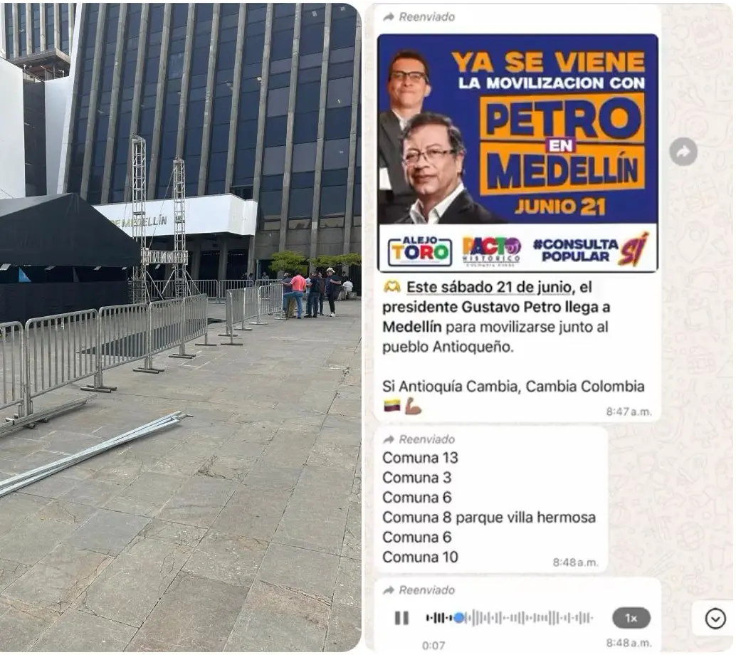 Mientras avanza el montaje de la tarima para el evento político del presidente Petro en Medellín, hay denuncias por supuesto uso de buses y refrigerios para atraer asistentes. FOTOS: Cortesía