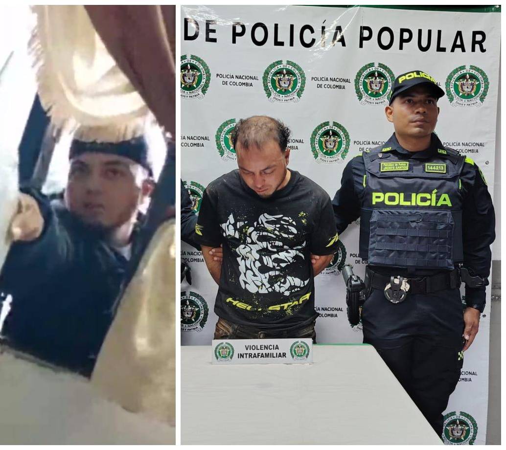 En el lado izquierdo, el momento en el que el sujeto intimida con un fragmento de vidrio a su expareja; al costado derecho, el mismo hombre ya capturado. FOTOS Cortesía.