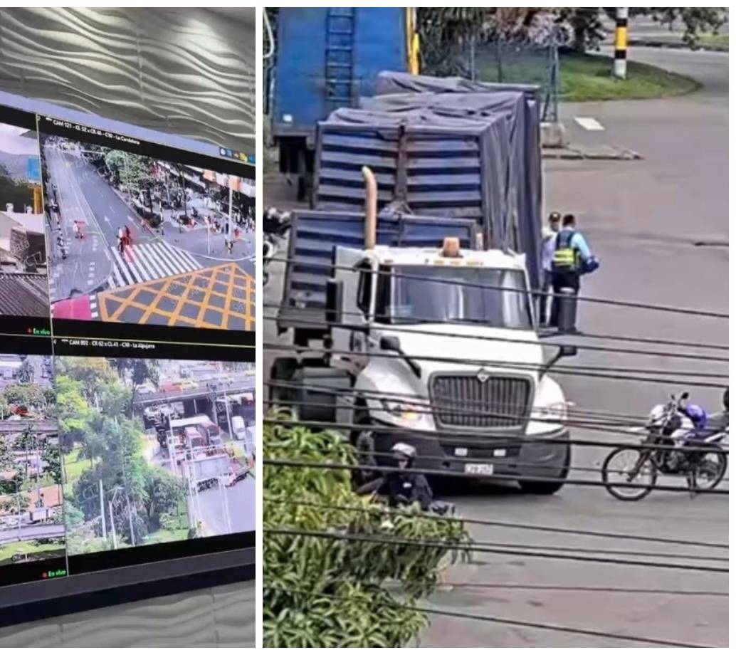 A la izquierda, las imágenes de las cámaras del Centro de Control y Tránsito de Medellín; a la derecha, el camión de carga inmovilizado. FOTOS Secretaría de Movilidad.