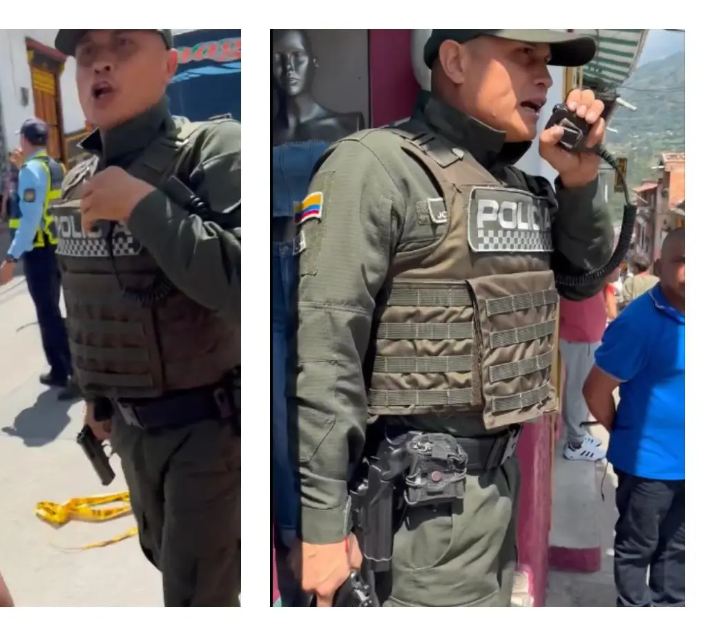 El subcomandante de la Policía de Amagá, en una acalorada discusión con los presentes en el evento. FOTO Cortesía. 