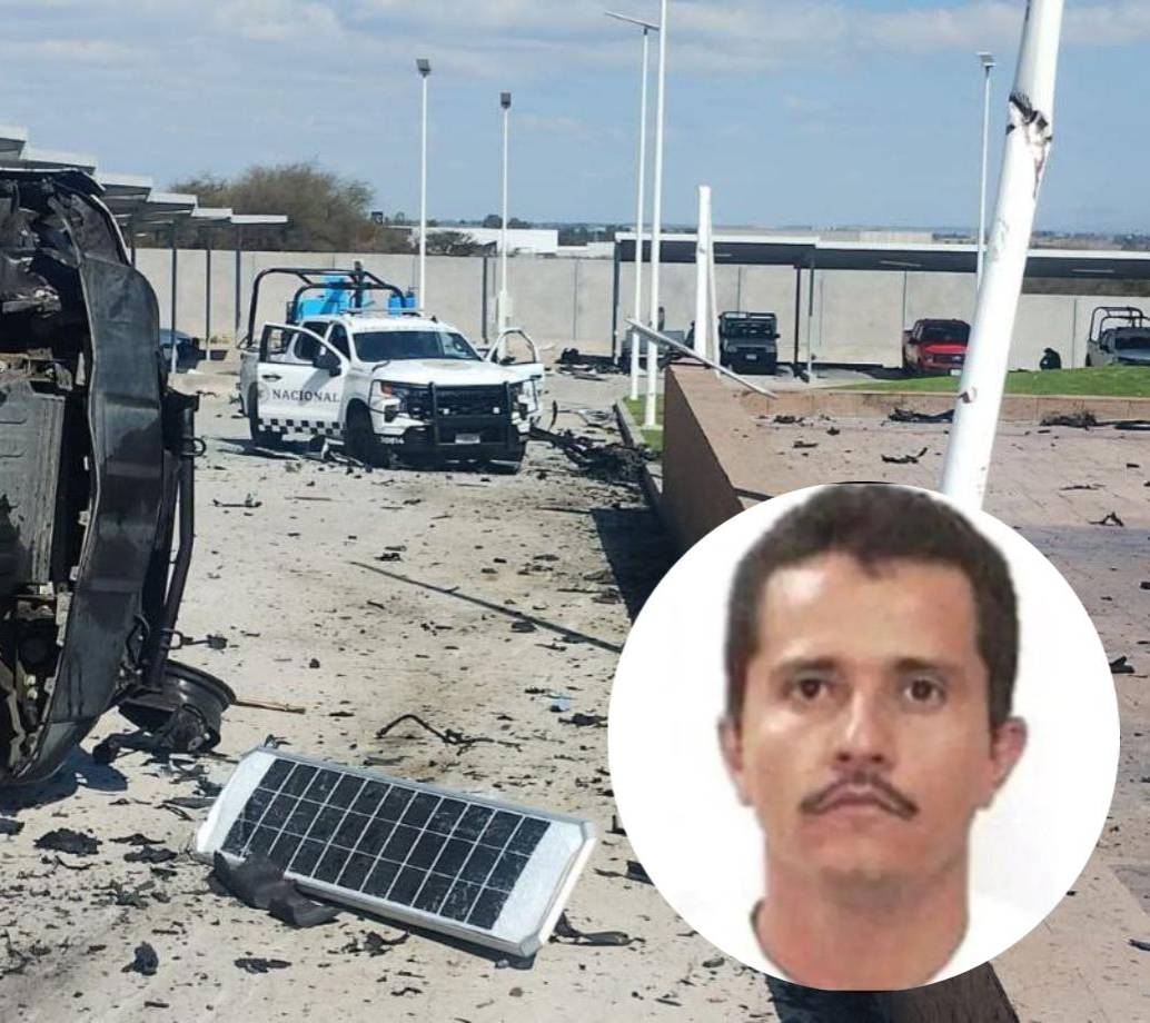 En el fondo, como foto principal, uno de los ataques a una base de la Guardia Nacional mexicana en Jalisco; en la miniatura de la esquina inferior derecha, el capo abatido Nemesio Oseguera. Imágenes tomadas de redes sociales. 