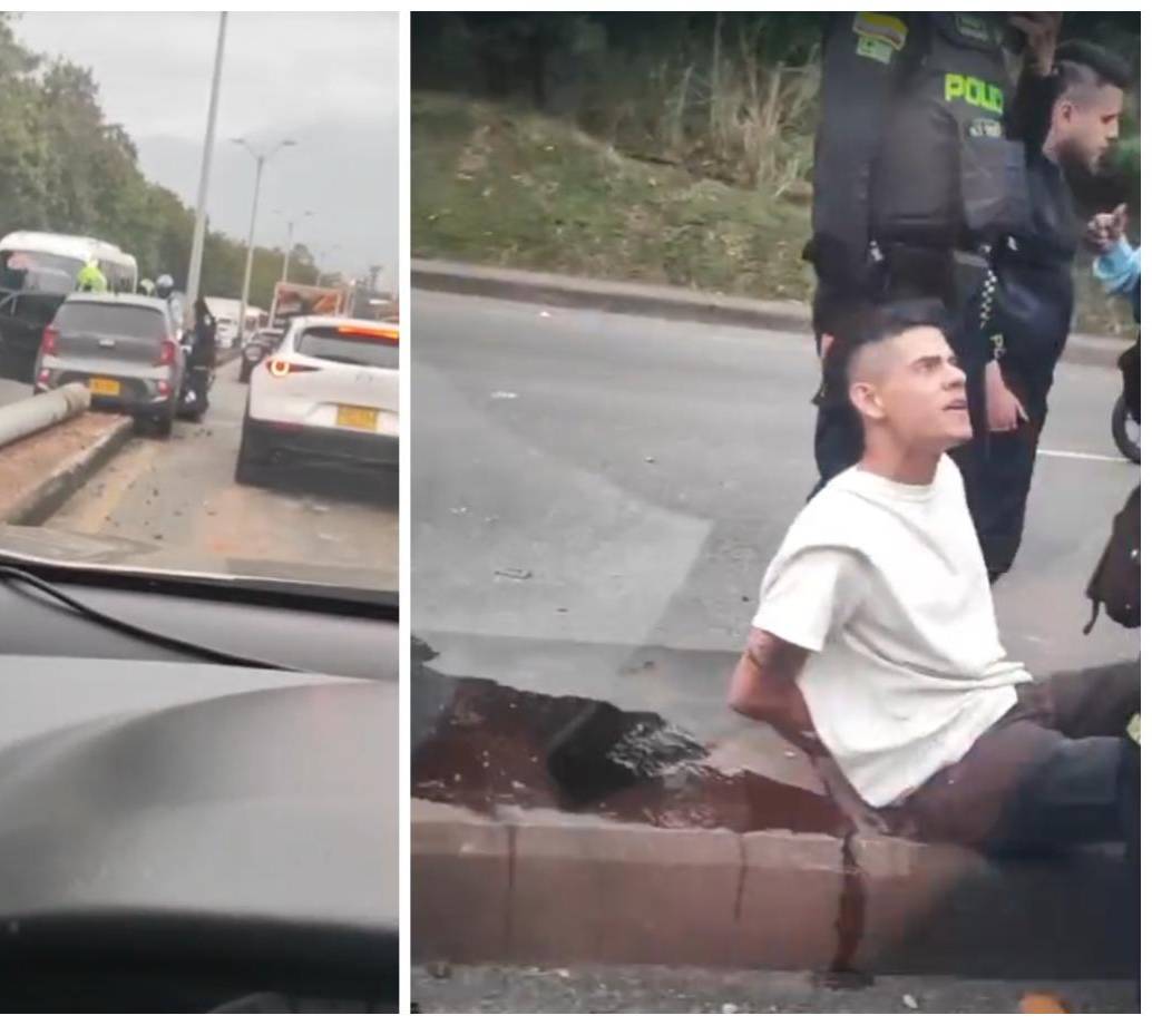 Así quedó el poste, tendido en todo el separado de ambos carriles de la autopista Norte; a la derecha el conductor involucrado. FOTO Denuncias Antioquia.