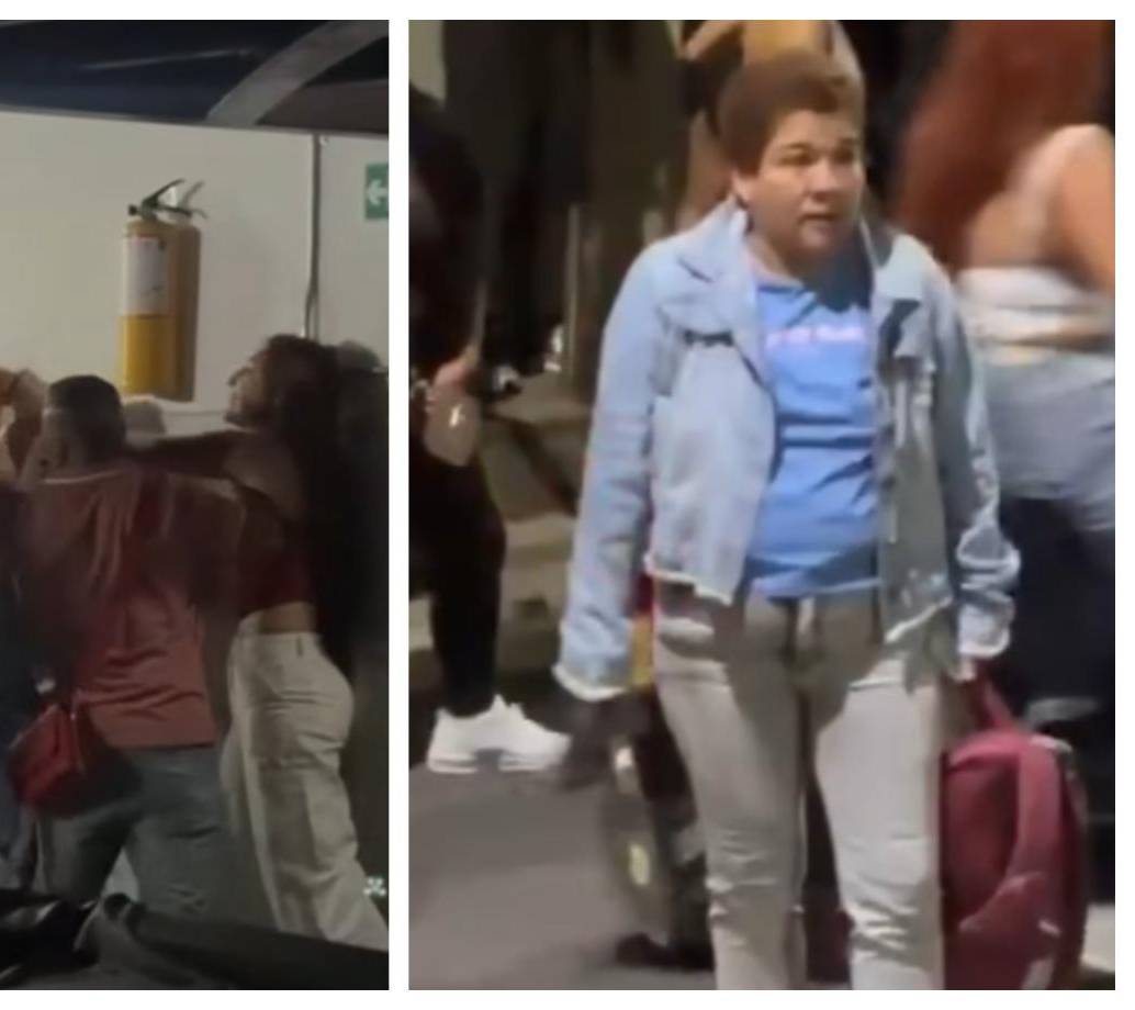 A la izquierda, lo que fue la riña entre la secretaria de Educación de Amagá y otras personas; a la derecha, quien, presuntamente, sería una familiar de la funcionaria con una arma blanca en su mano derecha. FOTO Cortesía Antioquia Amanece. 