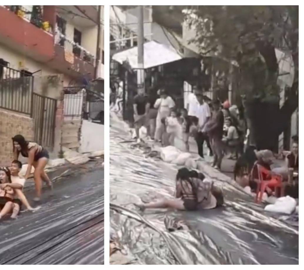 Así se deslizan en la pista jabonosa gigante que improvisaron los habitantes de Castilla. FOTO: Captura de video de redes sociales