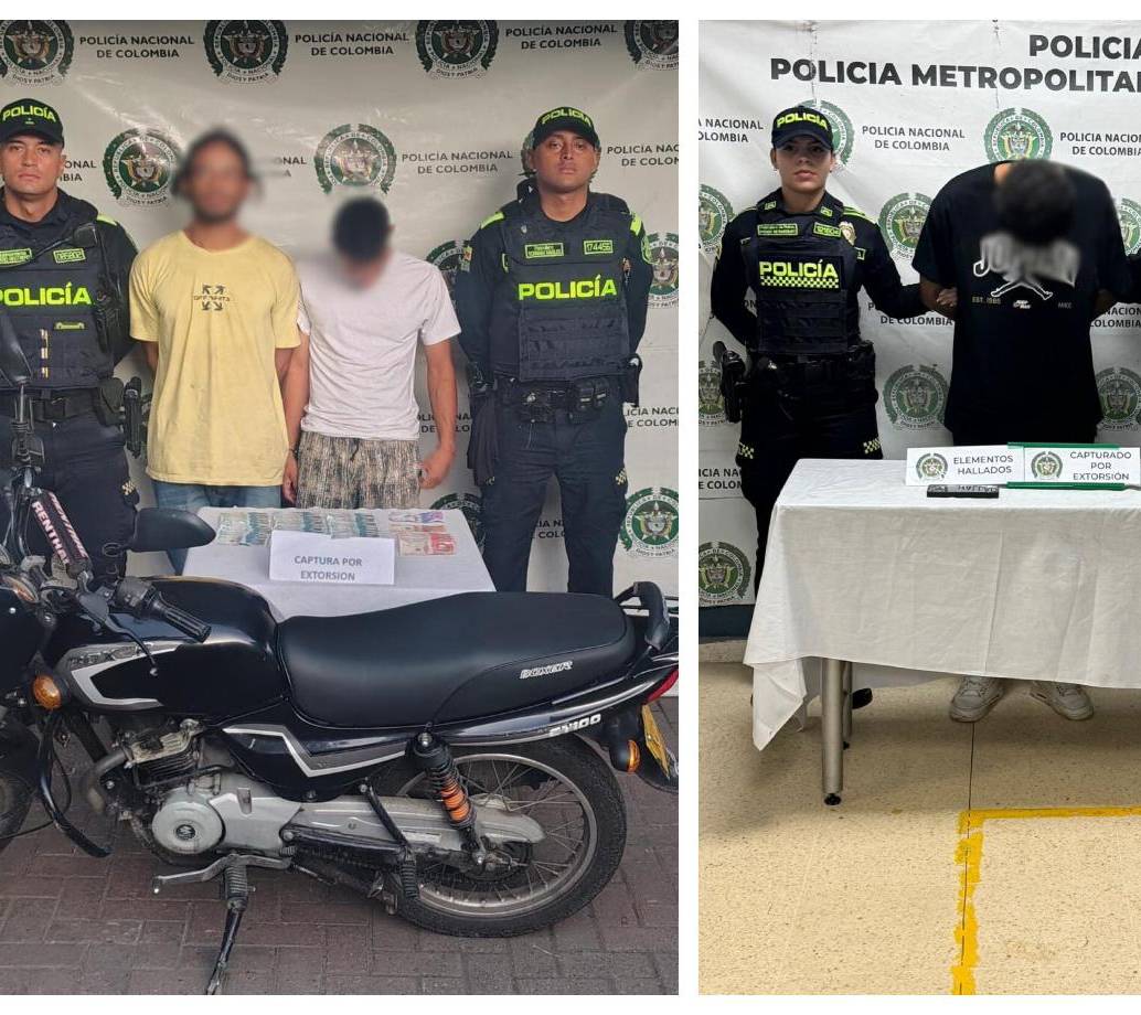 A la izquierda, los dos hombres capturados en San Javier, a la derecha, el sujeto detenido en Laureles. FOTO Cortesía Policía Metropolitana. 