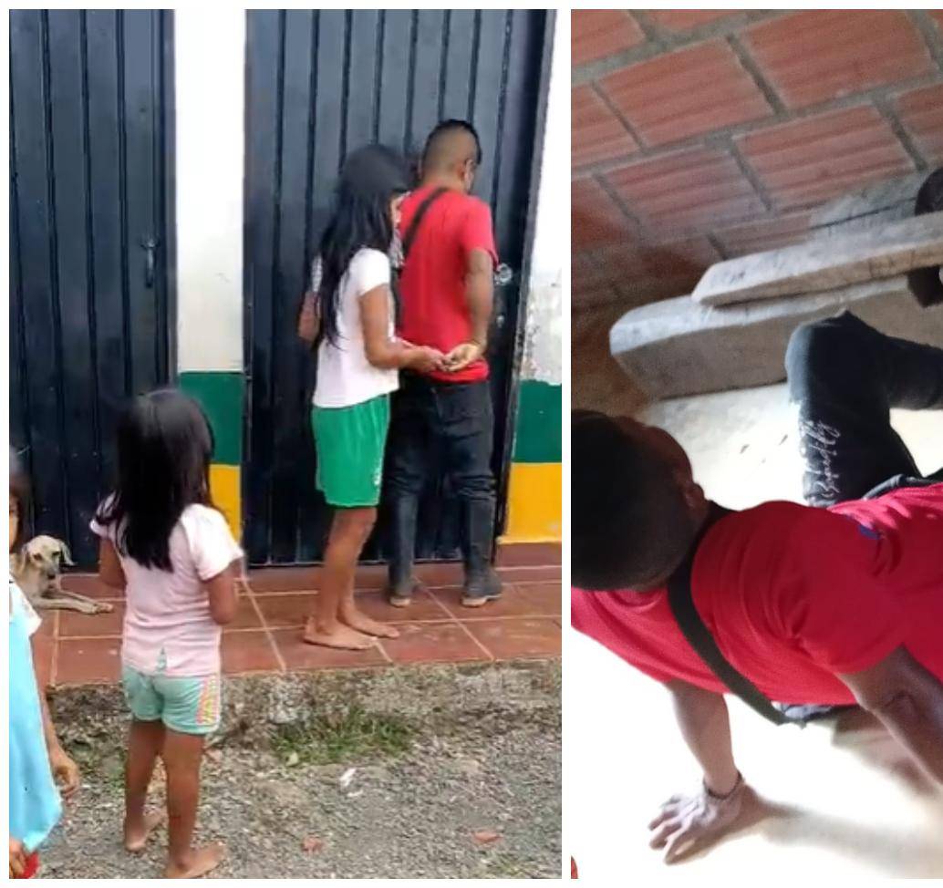 Fotogramas del video en los que se observa al hombre abriendo la puerta de una escuela y luego siendo castigado con un cepo. FOTO: Cortesía