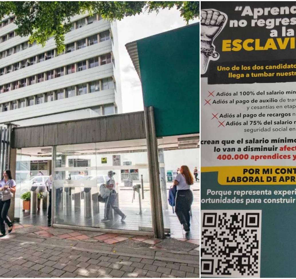 En los pasillos del Sena en Medellín los sindicatos reparten volantes a estudiantes y profesores con material propagandístico para la segunda vuelta presidencial. FOTOS: Esneyder Gutiérrez y Cortesía