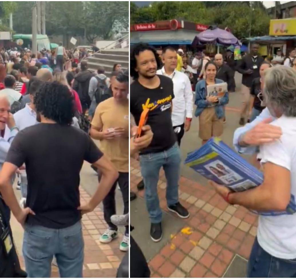 Las campañas de Miguel Uribe, Paloma Valencia e Iván Cepeda coincidieron repartiendo volantes en las escaleras de acceso de la estación Poblado del metro de Medellín. FOTO: Cortesía